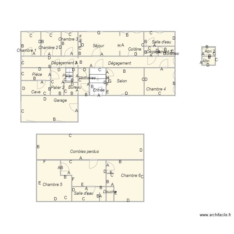 Croquis MICHEL VO plomb. Plan de 25 pièces et 64 m2