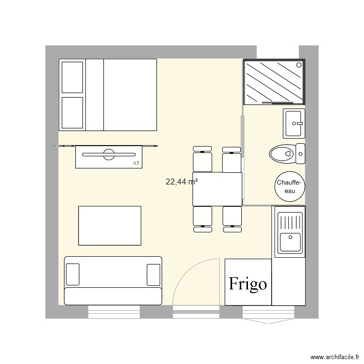 studio extension. Plan de 1 pièce et 22 m2