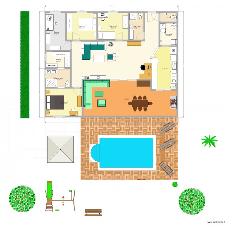 Plan maison plain pied 170m F5. Plan de 0 pièce et 0 m2