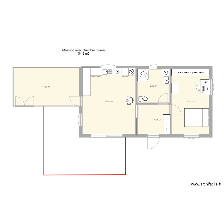 Maison 50 m2 avec chambre bureau. Plan de 0 pièce et 0 m2