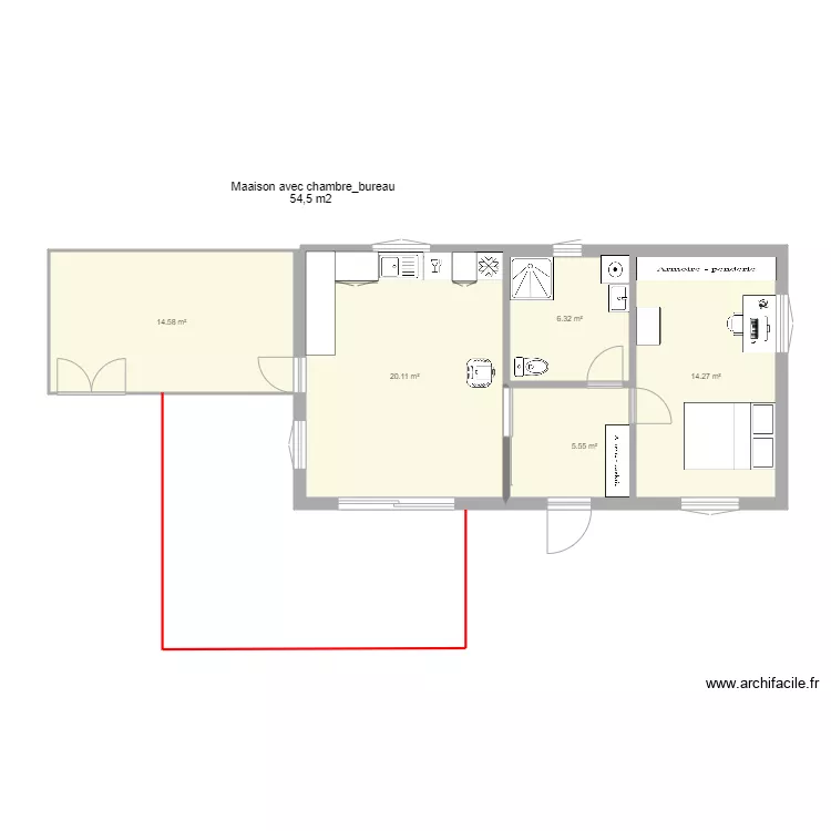 Maison 50 m2 avec chambre bureau. Plan de 