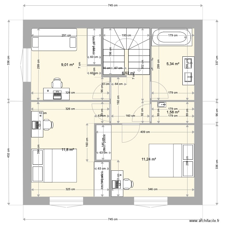 Etage 768 haut. Plan de 6 pièces et 46 m2