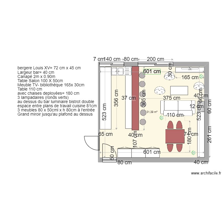 escurial séjour cuisine entrée projet. Plan de 1 pièce et 31 m2