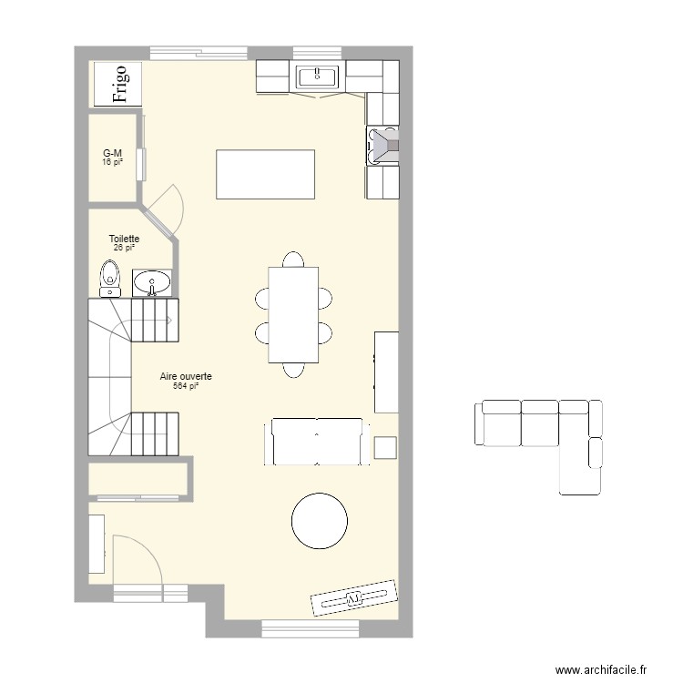 Maison de ville Traversée RDC. Plan de 4 pièces et 57 m2