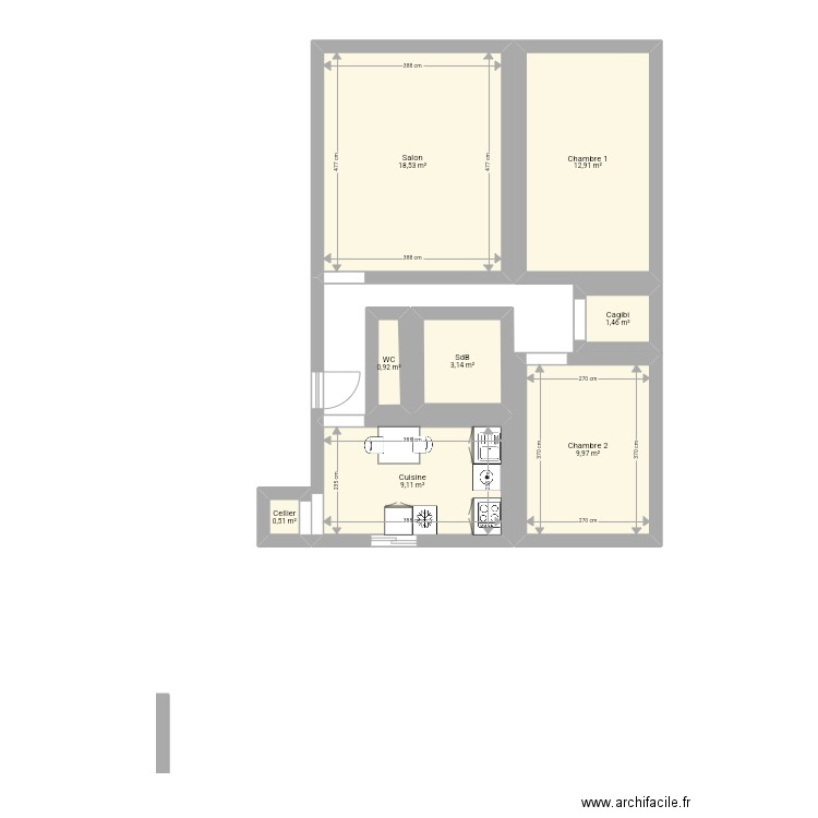 Cuisine. Plan de 8 pièces et 57 m2