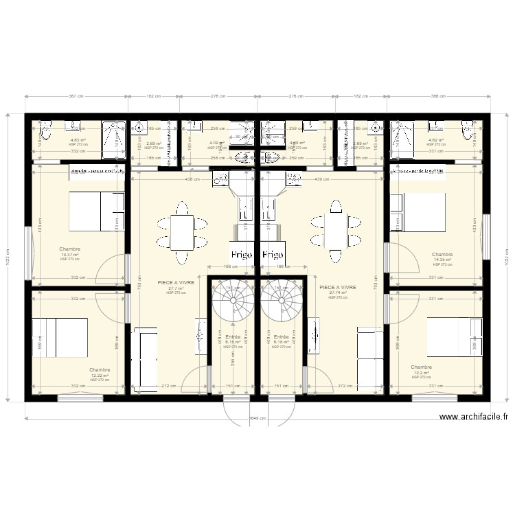 plan projet gites V2 RDC. Plan de 14 pièces et 144 m2