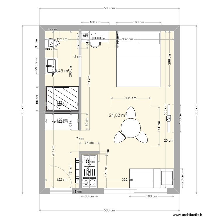 cabanon groix. Plan de 2 pièces et 25 m2