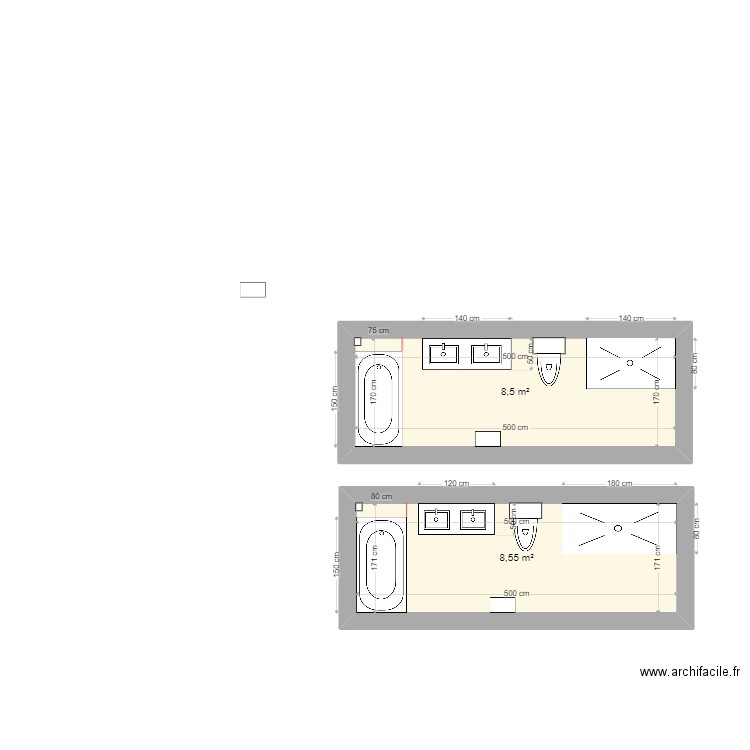 SDB . Plan de 2 pièces et 17 m2