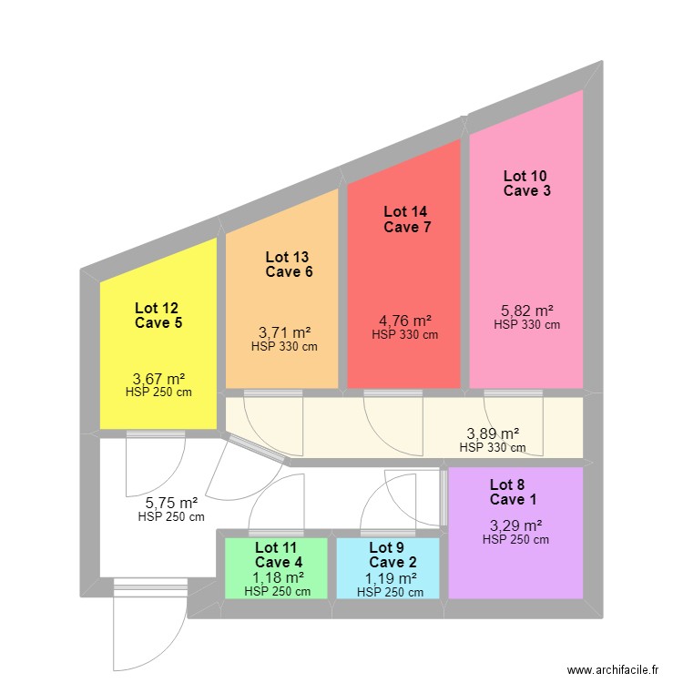 plan 7 caves colorés sans cotations. Plan de 9 pièces et 33 m2