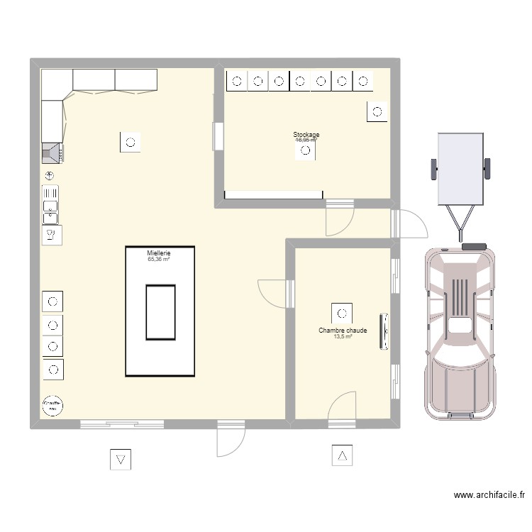 Miellerie. Plan de 3 pièces et 96 m2