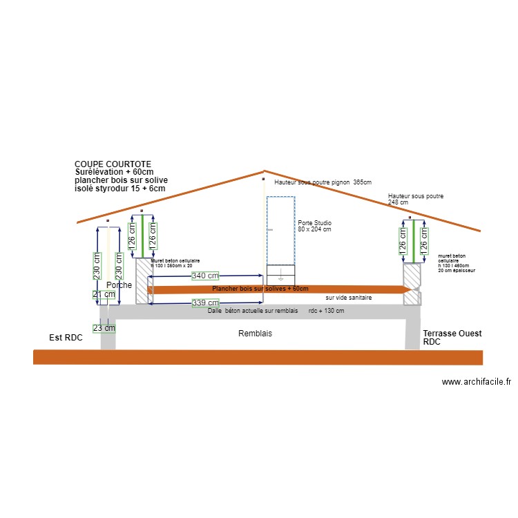 plan coupe courtote  sans  surélévation RDC + 130. Plan de 0 pièce et 0 m2