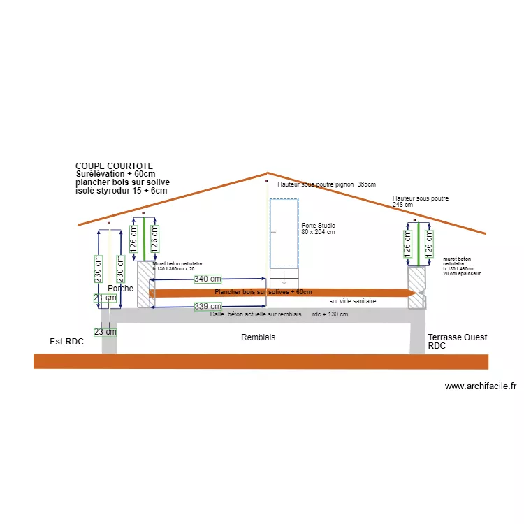 plan coupe courtote  sans  sur&eacute;l&eacute;vation RDC + 130. Plan de 