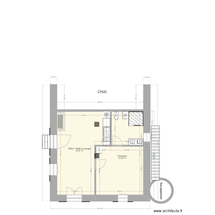 Gite rural dans chai Projet Façades 2. Plan de 2 pièces et 46 m2