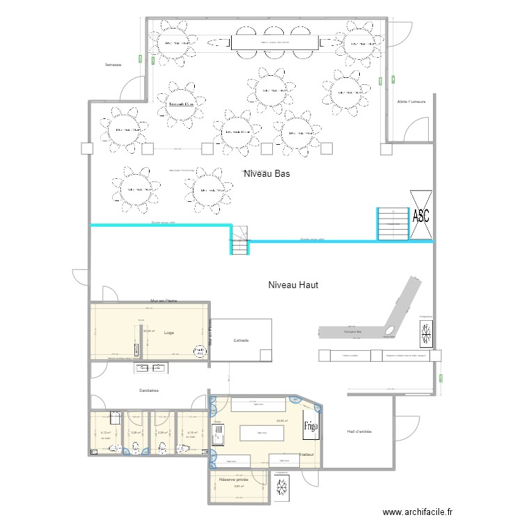 Salle config 72/90 pax. Plan de 7 pièces et 65 m2