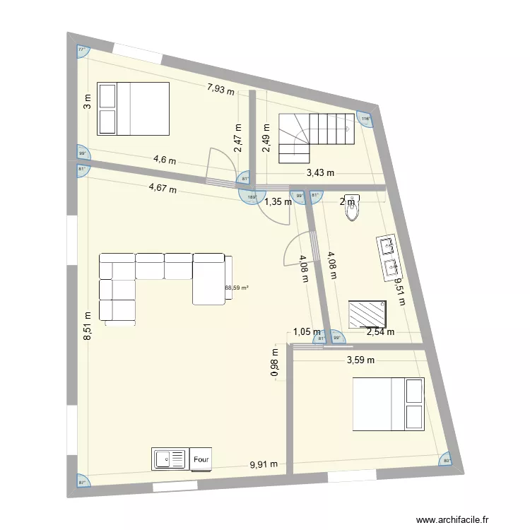 appart 1er &eacute;tage. Plan de 1  et 89 m²