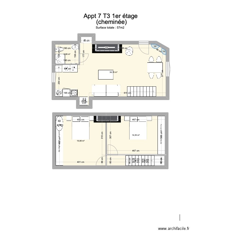 Appt 7 T3 1er etage (cheminée). Plan de 6 pièces et 75 m2