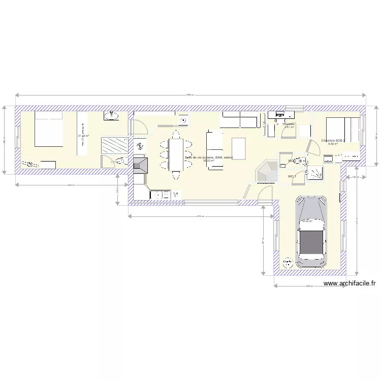 Projet 87 m2 1 CH bureau et garage V2. Plan de 