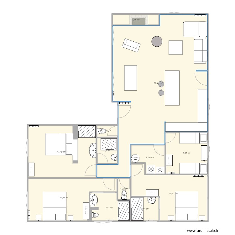 Villa Sautuges Salon 1. Plan de 12 pièces et 138 m2