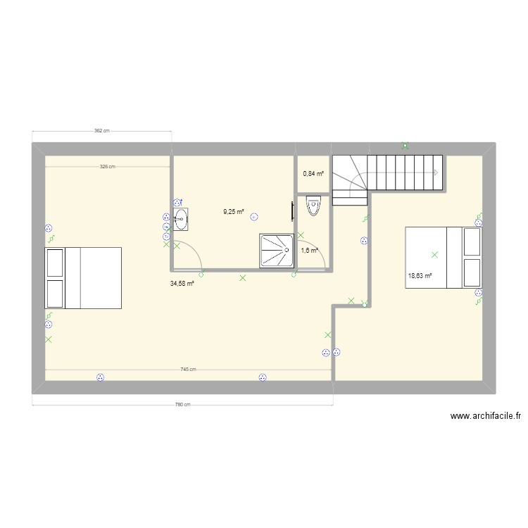 Marcq 78 1er étage. Plan de 5 pièces et 65 m2