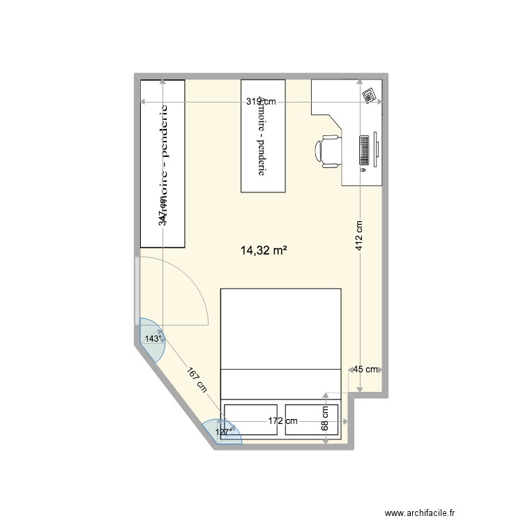 idée chambre avec bureau. Plan de 1 pièce et 14 m2