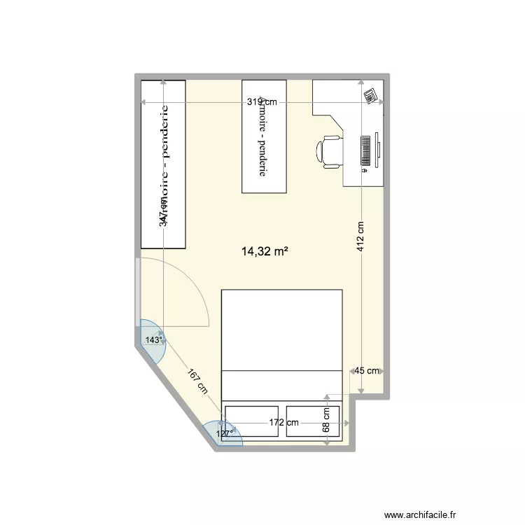 id&eacute;e chambre avec bureau. Plan de 