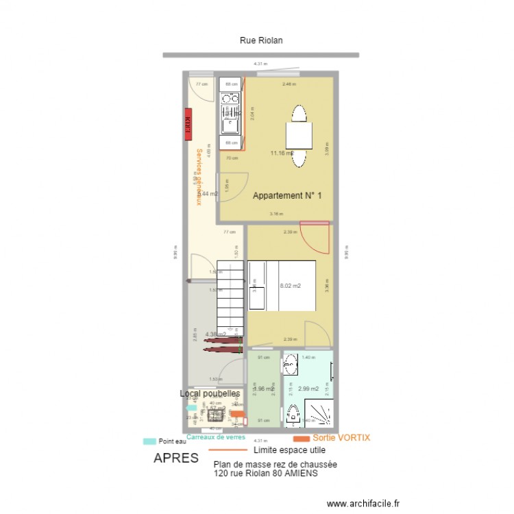 PLAN DE MASSE RIOLAN rez de chaussée aménagé. Plan de 9 pièces et 37 m2