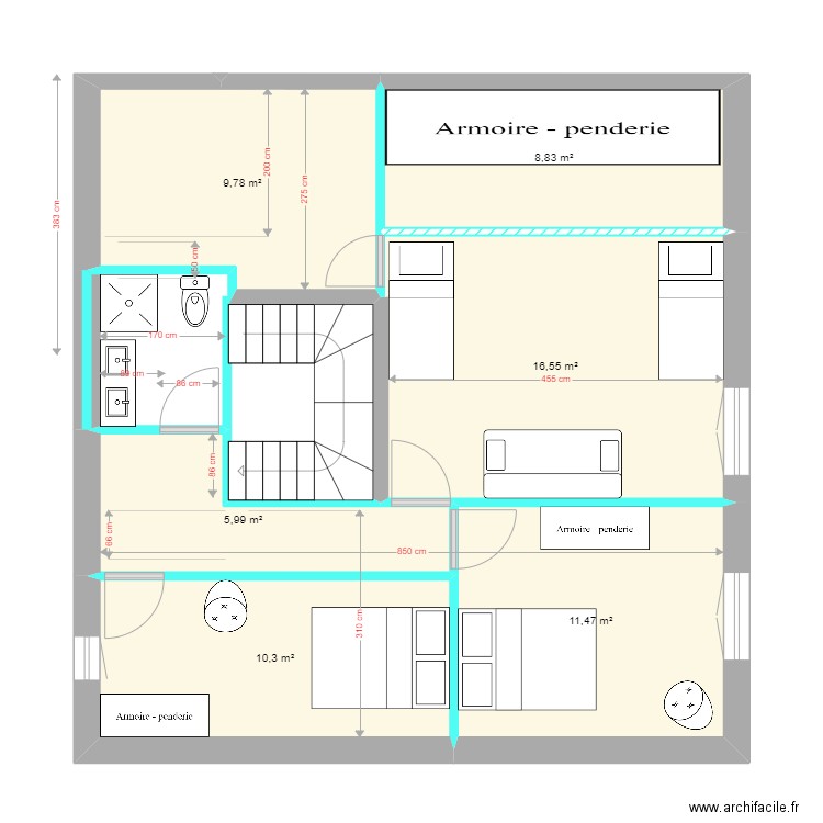 Projet St-Girons - aménagement étage V0. Plan de 6 pièces et 63 m2