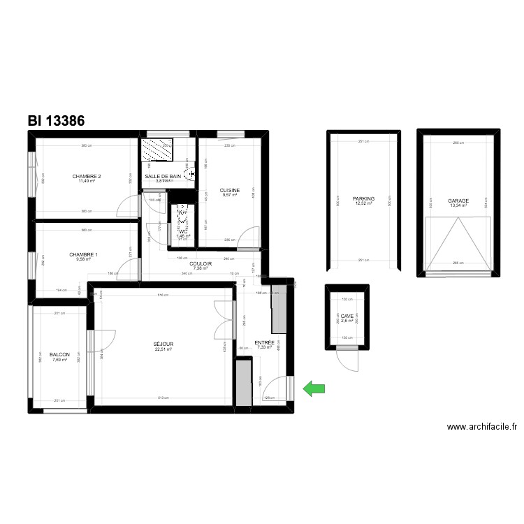 BI 13386. Plan de 14 pièces et 110 m2