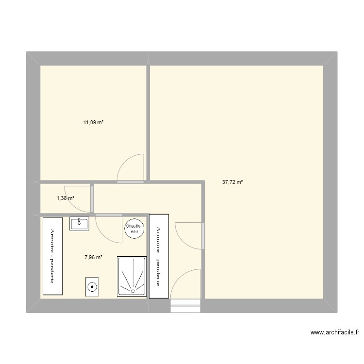 chambre derrière. Plan de 4 pièces et 58 m2