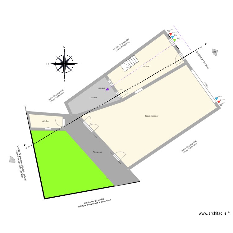 Plan de masse actuel. Plan de 7 pièces et 267 m2