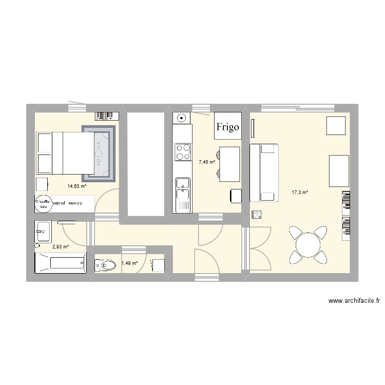 apt 2. Plan de 5 pièces et 44 m2