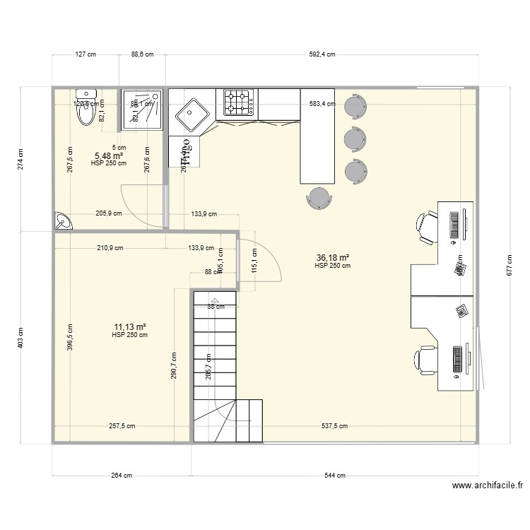 bureau ifbc1.112. Plan de 3 pièces et 53 m2