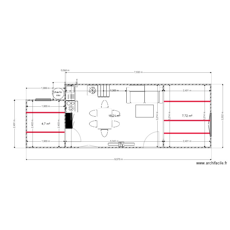 plan chalet 30 m² Fond. Plan de 3 pièces et 29 m2