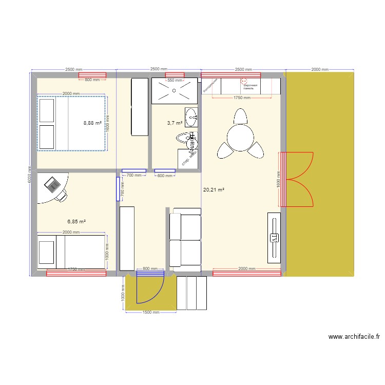 45 8 35. Plan de 6 pièces et 51 m2