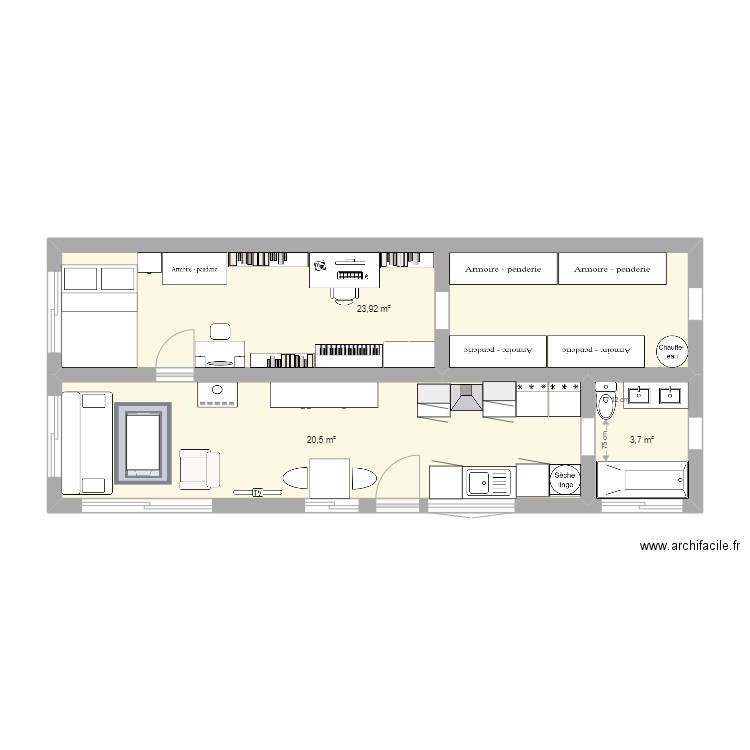 maison 2 container en 2 fois. Plan de 3 pièces et 48 m2