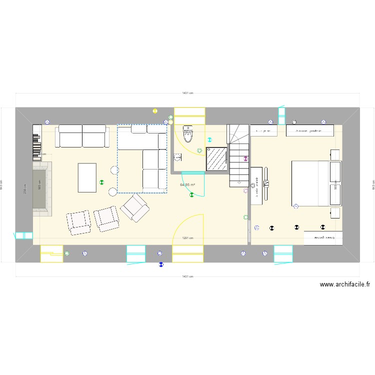 rdc chambre porte centrale FINAL. Plan de 1 pièce et 65 m2