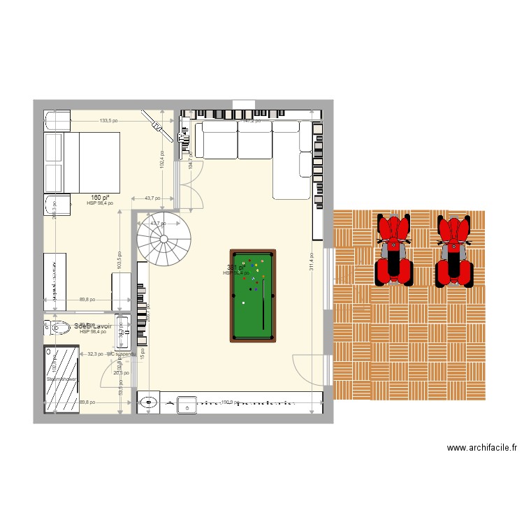Tremblant sous-sol 3. Plan de 3 pièces et 56 m2