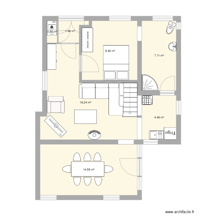 Petite maison complet aménagement. Plan de 7 pièces et 57 m2