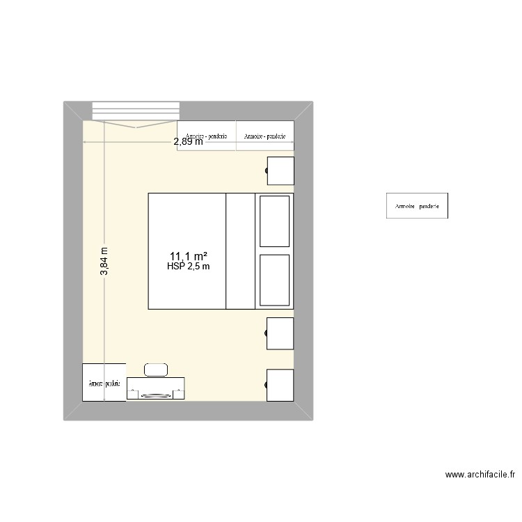 chambre adulkte. Plan de 1 pièce et 11 m2