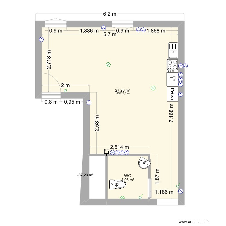 Pièce de vie. Plan de 3 pièces et 31 m2