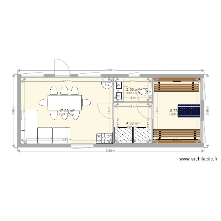 sauna. Plan de 4 pièces et 33 m2