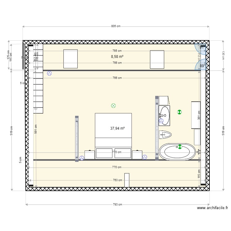 grenier. Plan de 2 pièces et 47 m2