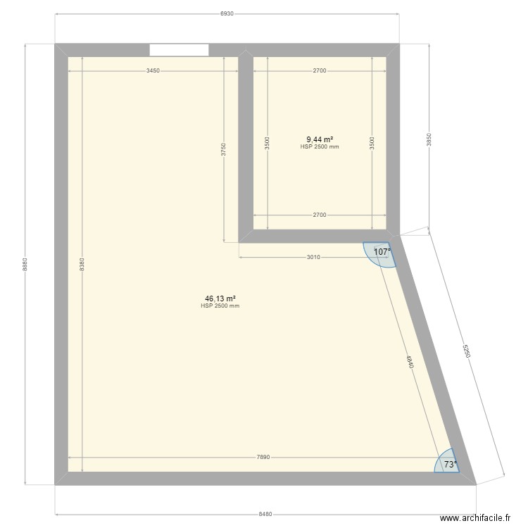 plan avec existant. Plan de 2 pièces et 56 m2