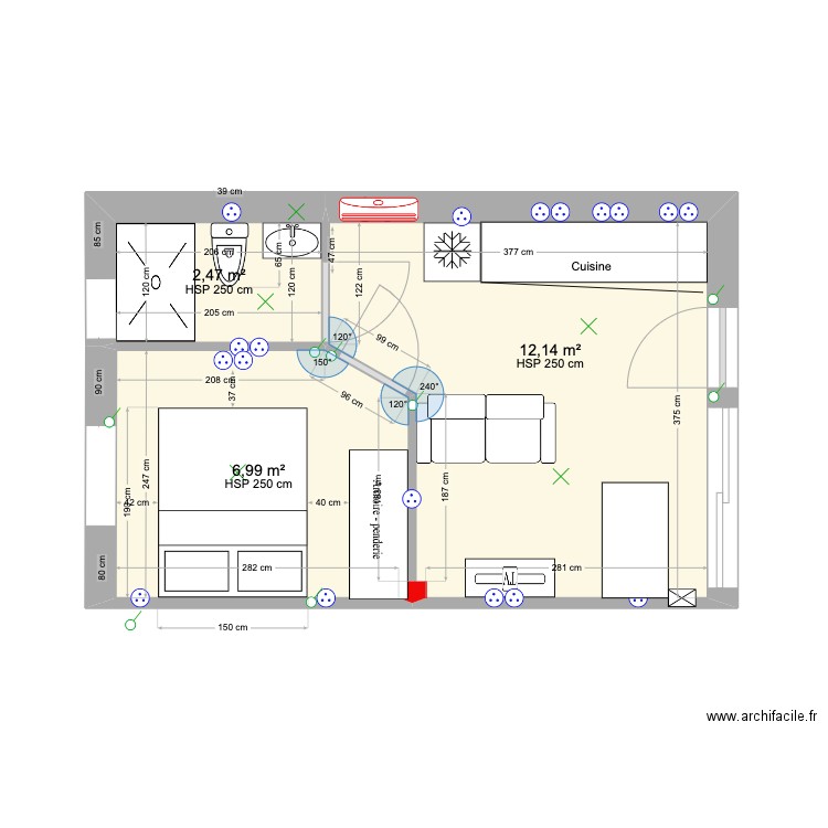 Studio 2. Plan de 3 pièces et 22 m2