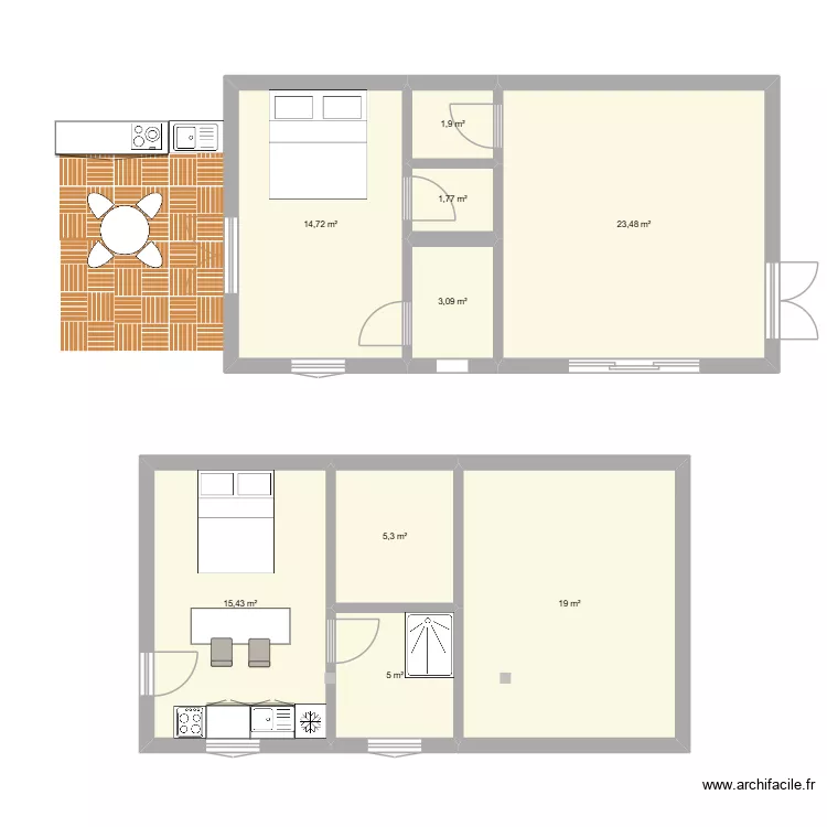 Bas de maison 2. Plan de 9  et 90 m²