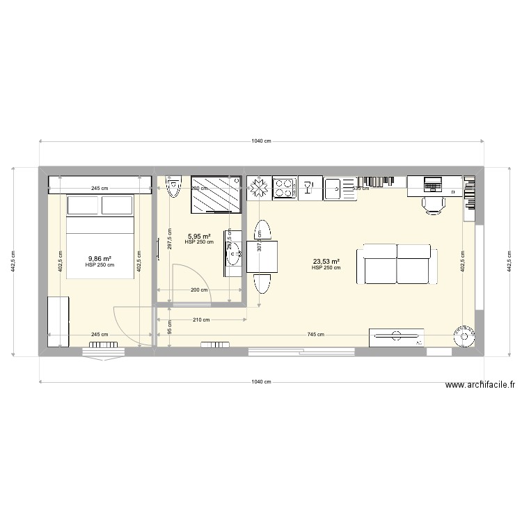 Cabane. Plan de 3 pièces et 39 m2