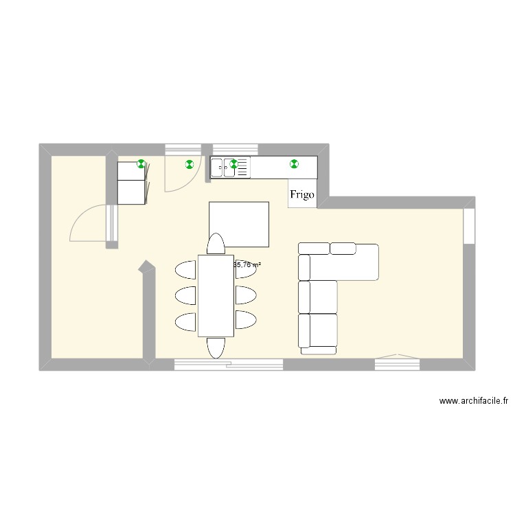 Pièce de vie. Plan de 1 pièce et 36 m2