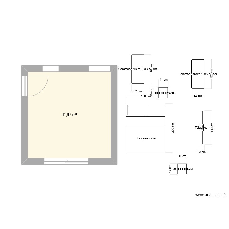 chambre 1. Plan de 1 pièce et 12 m2