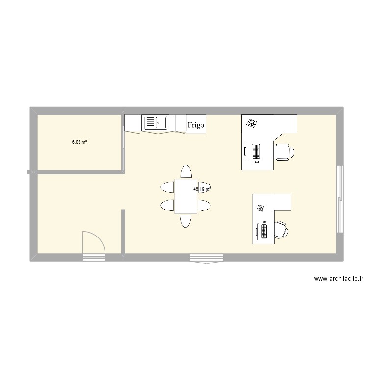 bureau. Plan de 2 pièces et 52 m2