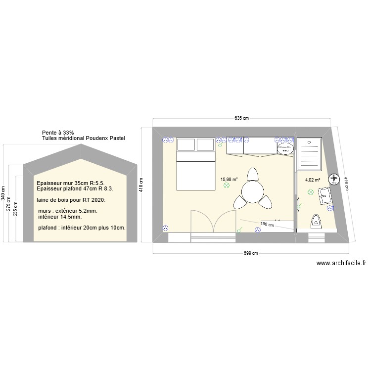 carcan . Plan de 3 pièces et 29 m2
